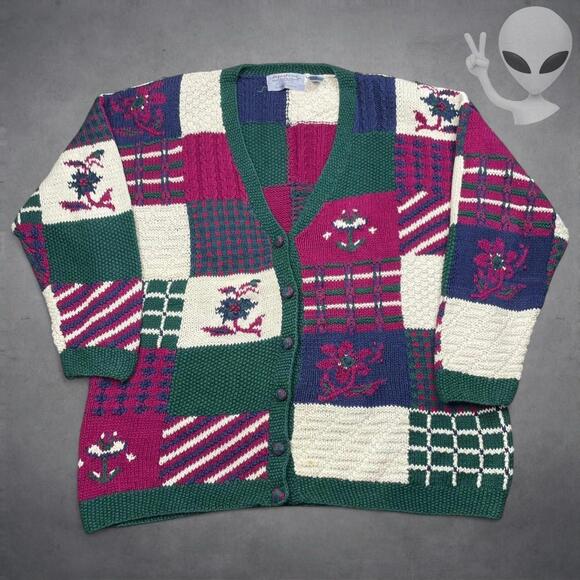 Northern Isles Other - Northern Isles 2 Hand Knit Cardigan 3XL Multi Color Patchwork Vintage 80s